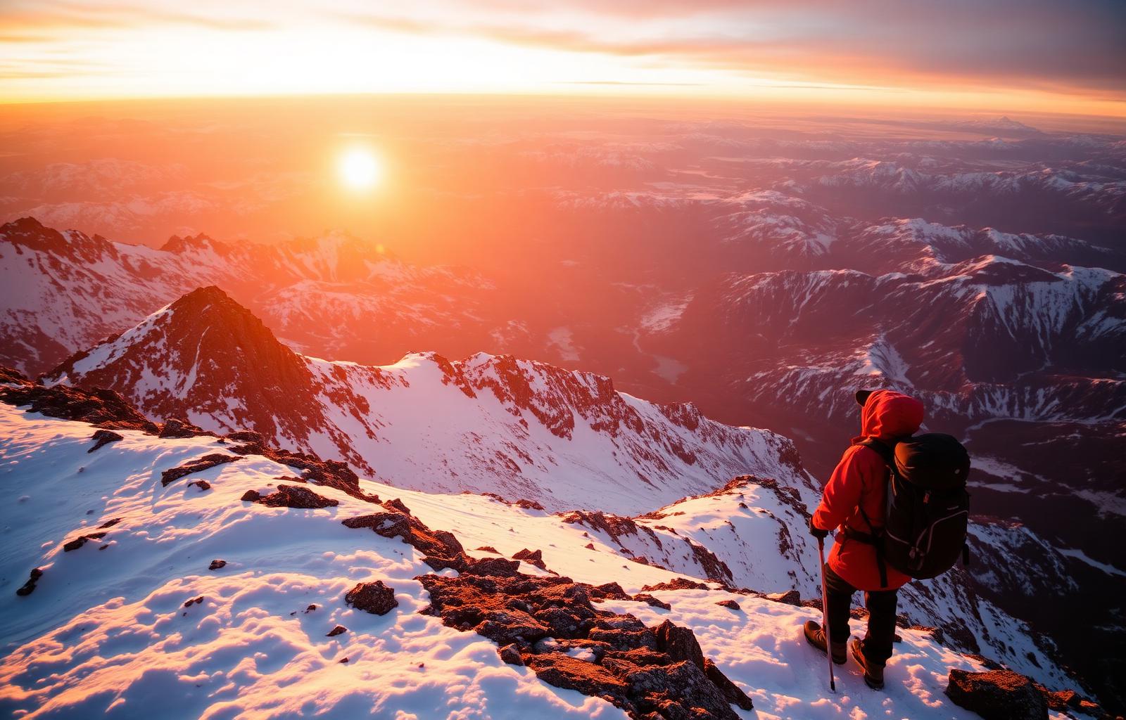 Backpacker on a snowy mountain ridge at sunrise
